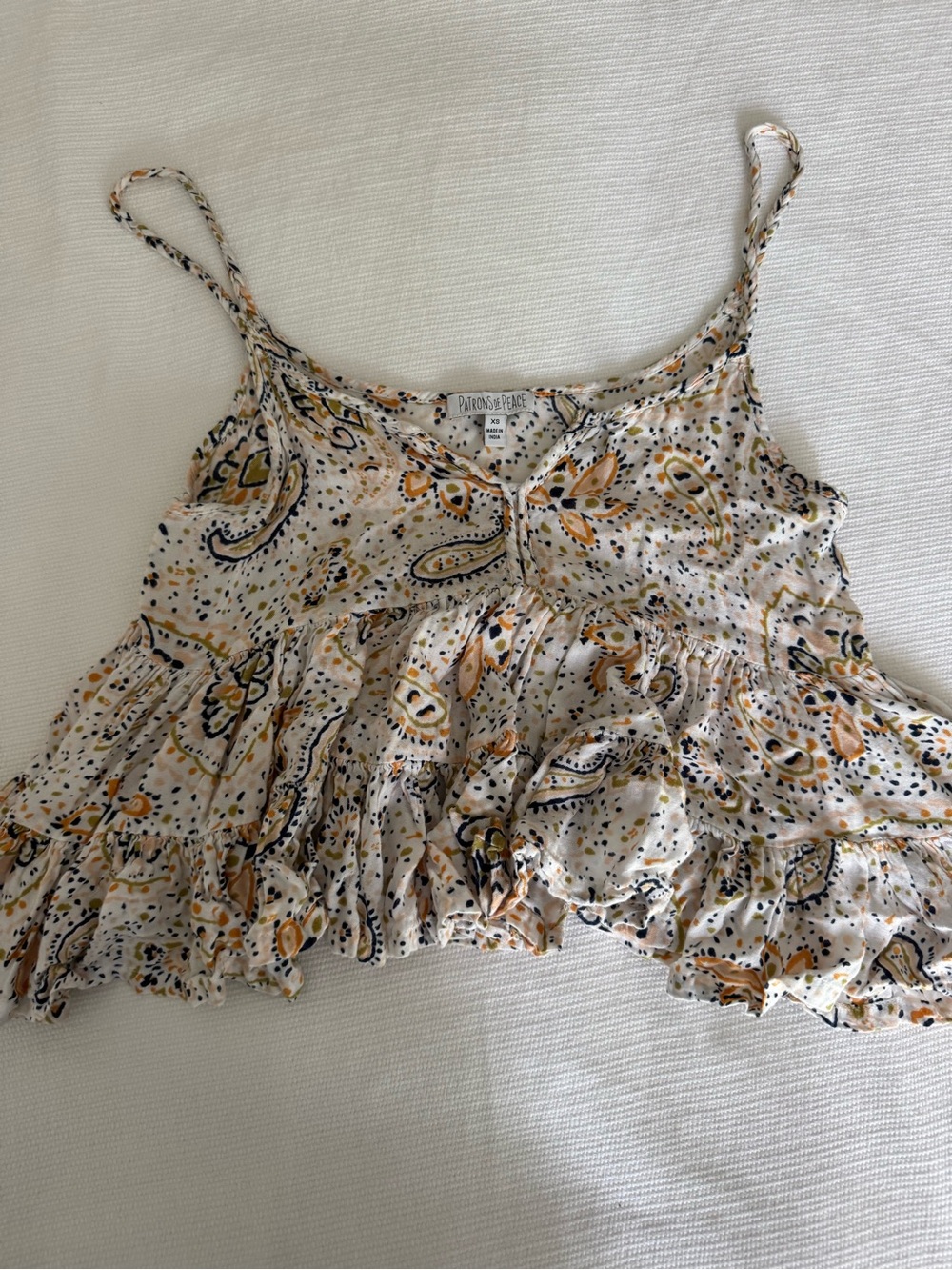 Patrons of Peace White Paisley Ruffle Cami with Yellow and Black Accents